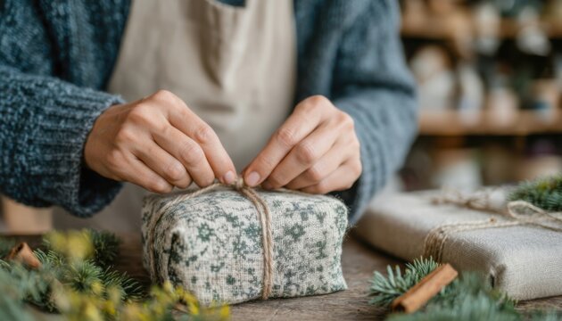 Festive holiday gift wrapping activity showcasing female hands carefully tying a present with twine among a cozy winter atmosphere