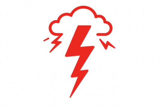 Red lightning bolt striking from cloud on transparent background, symbolizing thunderstorm, electricity, and power