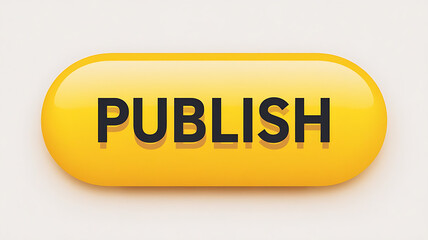 The image showcases a bright yellow button with a bold, easy-to-read texin uppercase letters, surrounded by publish