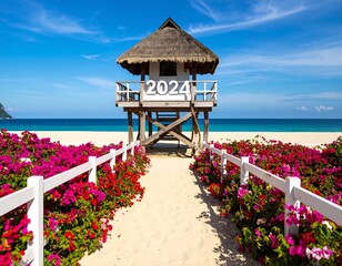 Tropical beach scene with a watchtower and the year 2024