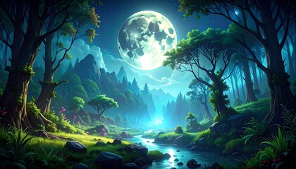 Obraz premium A moonlit fantasy scene unveils a river meandering through a lush forest, framed by trees under a starry, mystical sky