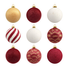 Gold, red, and white Christmas baubles with glitter and patterns, festive holiday decoration, cheerful mood