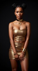 Stunning African woman in gold metallic outfit with braided buns and statement jewelry - luxury fashion portrait