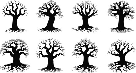 Leafless tree silhouette set, bare branches, root structure icon, black vector, winter tree graphic, botanical shape, nature design