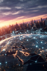 Global Network Connections over Earth. Digital connections and glowing city lights create a sense of worldwide communication and progress.