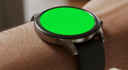 Close-up of a modern smartwatch with a blank green screen on a person's wrist, perfect for digital mockups and customization