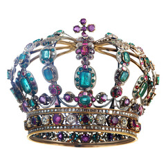 Ornate gold crown with purple cross, multicolor gemstones, and jeweled arches isolated on transparent background