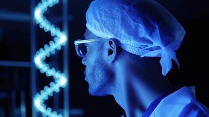 Biophysical representation of DNA strands with a biracial male surgeon in a modern medical setting, dna strands over biracial male surgeon - Powered by Adobe
