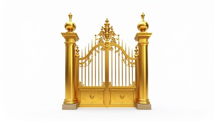 Ornate golden gate with decorative crest, scrollwork, and finial-topped pillars on white background showcasing regal architecture and luxury craftsmanship