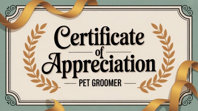 Vintage-style greeting card celebrating pet groomers with elegant design and decorative ribbons for special occasions. International Pet Groomer Appreciation Day