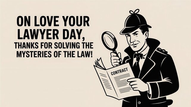 Celebrating love your lawyer day with a humorous detective-themed greeting card design featuring a clever legal twist. Love Your Lawyer Day