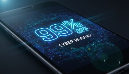 Closeup of glowing neon 99 percent off Cyber Monday discount on smartphone
