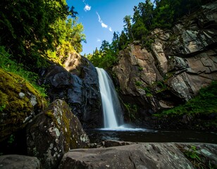 Waterfall cascading down rocky cliffs in a lush forest (1)