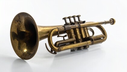 Vintage brass trumpet with worn patina flared bell and piston valves on white background for editorial music photography instrumental design and timeless craftsmanship-themed visuals