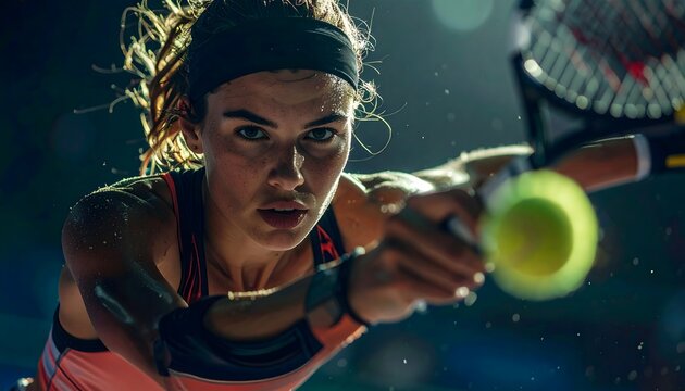 Intense female tennis player in action, hitting a powerful forehand with focused determination during a match