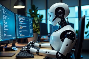Humanoid Robot Coding at Desk in Tech Office