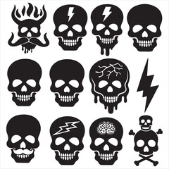 A diverse set of iconic black skull illustrations, featuring graphic elements like lightning, fire, and brains for creative design concepts