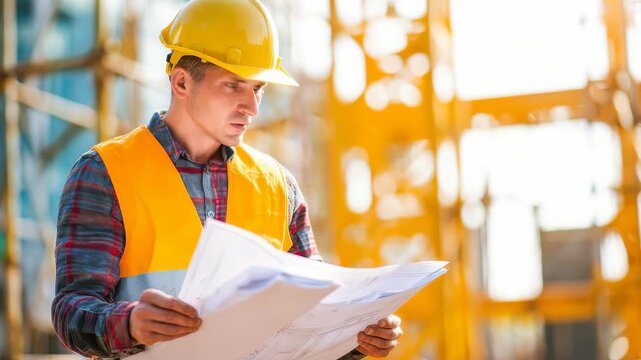 Construction manager closely examines plans at a construction site during the day