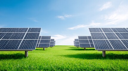 solar panels in open field with clean horizon line, minimal eco concept, copyspace