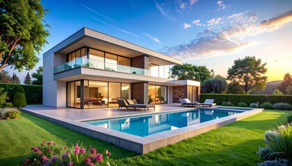 Fototapeta premium Relaxing night swimming in a luxurious hotel pool with tropical palm trees and a beautiful sky