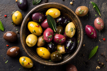 Assorted marinated olives in a bowl, featuring a variety of colors and flavors. Perfect appetizer or snack, topped with herbs and olive oil.