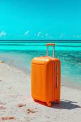 Vibrant orange suitcase stands ready for adventure on a pristine beach, turquoise sea and clear skies create a perfect travel backdrop.