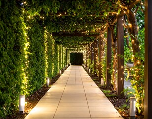 Obraz premium Elegant garden pathway lit by string lights