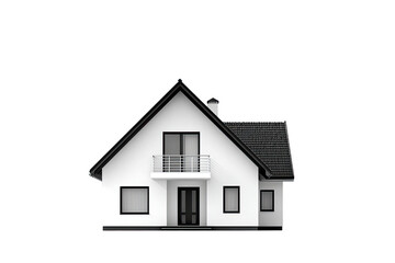 White house with black trim, dark roof, front view