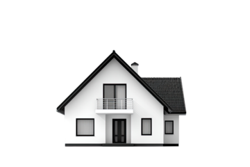 White house with black trim, dark roof, front view