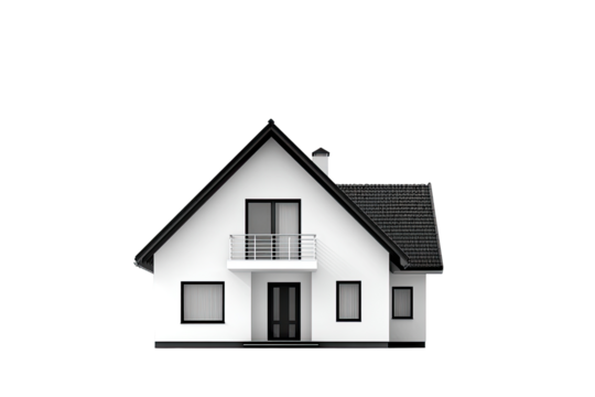 White house with black trim, dark roof, front view