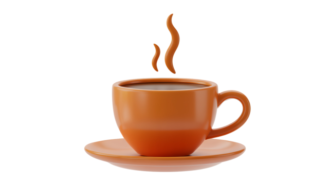 Steaming hot coffee in a stylish orange cup, perfect for morning motivation or creative inspiration on transparent background