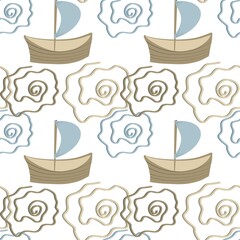 Seamless Nautical Pattern with Sailboats and Waves. Print for Textile and Wallpaper
