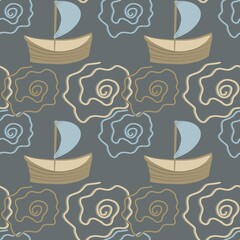 Seamless Nautical Pattern with Sailboats and Waves. Print for Textile and Wallpaper
