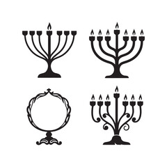 A collection of elegant menorah silhouettes, each with candle holders and a central shamash.