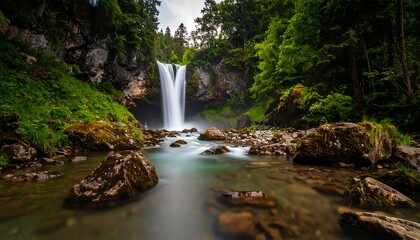 Waterfall cascading down rocky cliffs into a serene pool surrounded by lush forest