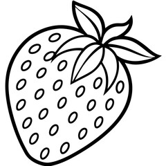 Simple outline drawing of a strawberry with seeds and leaves isolated on white background silhouette