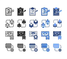 Reporting, Certification, Interaction, Schedule, multiple style icon set.