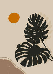Monstera leaf silhouette with bold tropical shapes, earthy beige tones, and orange sun on abstract background. Perfect for wallpaper, poster, print, card, packaging, banner, and modern artwork.
