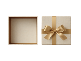 Open beige gift box with gold ribbon