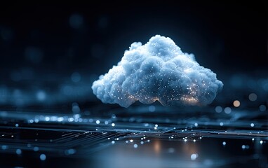Fluffy Cloud with Glowing Particles Against Dark Background and Futuristic Grid Landscape in Shades of Blue and White