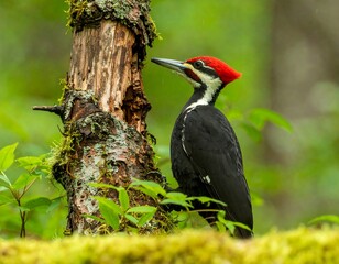 Fototapeta premium Woodpecker perched on a mossy tree trunk