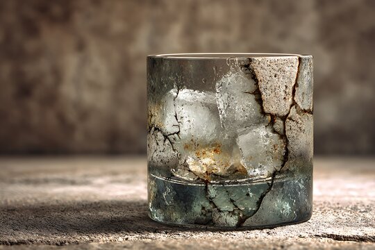 Stunning close-up of a cracked glass tumbler filled with ice cubes and a hint of liquid, evoking themes of fragility and resilience.