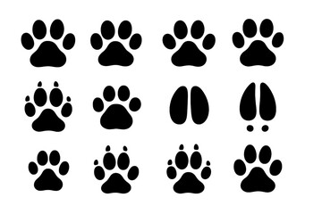 Animal tracks vector icon set. Paw print collection of dog, cat, wolf, bear. Wild animal footprint silhouette. Hoof prints of deer or pig. Pet foot shape symbol design.