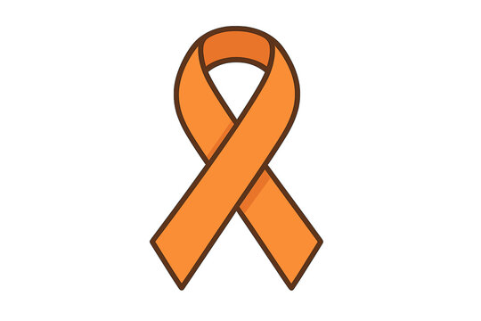 Orange awareness ribbon vector icon for causes like leukemia, multiple sclerosis, ADHD, and kidney cancer. Flat cartoon illustration for support and hope campaigns. Solidarity symbol.