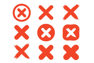Obraz premium Red cross mark icon collection. Vector symbols for error, wrong answer, rejection, and cancellation. Hand-drawn brush stroke, grunge, and simple flat X signs for web and print.