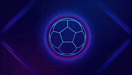 Futuristic Neon Soccer Ball Against a Dark Blue and Purple Geometric Background