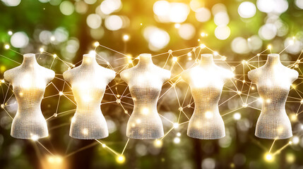 Digital mannequins connected by glowing network nodes against a bokeh-lit background