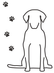 お座りをする犬の線画と足跡のイラスト
