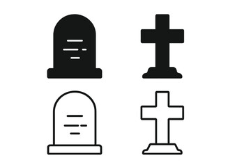 Obraz premium Tombstone icon set, grave symbols silhouettes and line art, cartoon style vector illustrations with crosses and rounded tombstones, transparent background, ordered collection