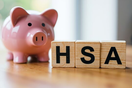 Image: Health Savings Accounts (HSA) Concept with Wooden Blocks and Piggybank